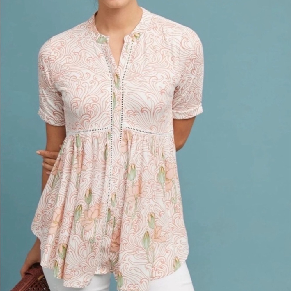 Anthropologie Floral Peplum Blouse – Cream Multi | XS | Excellent